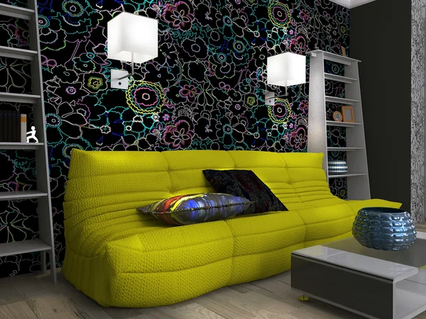 Living room interior with floral wallpaper
