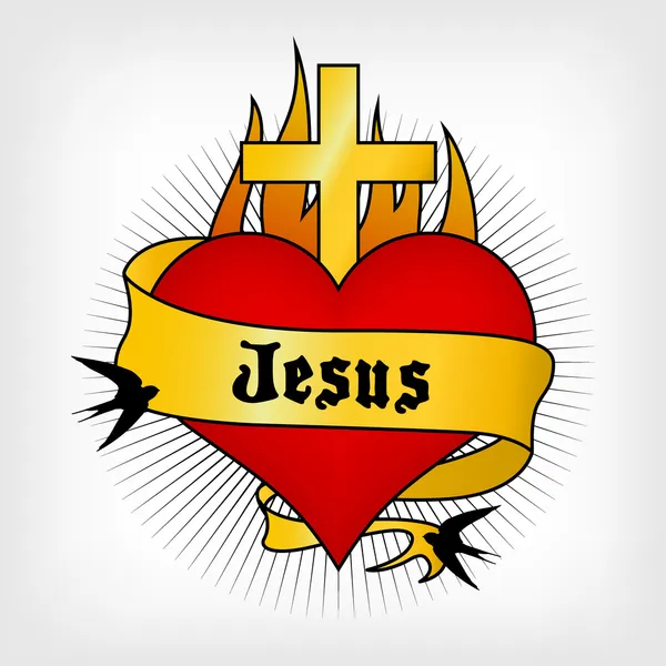 Heart tattoo with sword and Jesus written on label. Vector illus