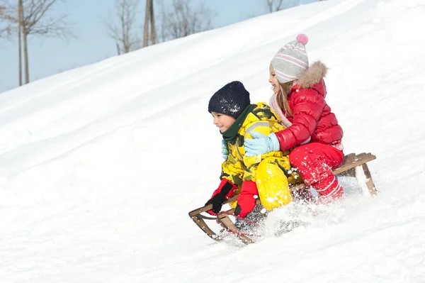 Two kids sliding with sledding in the snow
