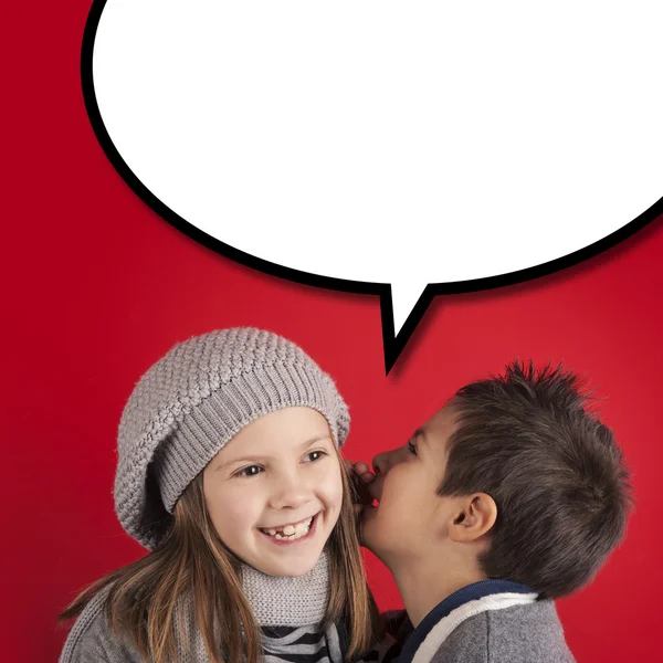 Boy talking to girl over red background with balloon. Valentines