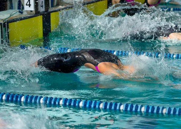 Female swimmer dive into water at the start of a backstroke race