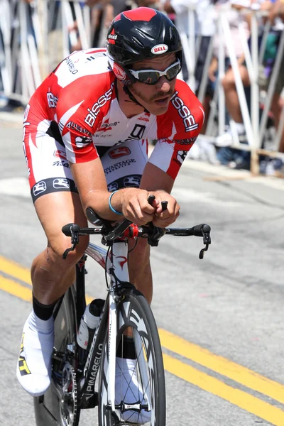 Ben Jacques-Maynes rides his time trial throughout downtown Los Angeles