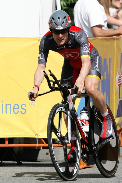 Levi Leipheimer rides the time trial through out downtown Los Angeles