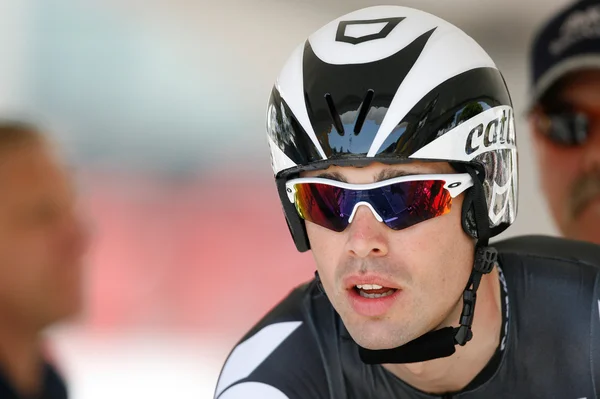 Philip Deignan gets ready to ride the time trial throughout downtown Los Angeles