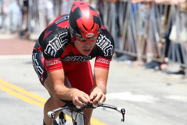 Alexander Kristoff rides the time trial throughout downtown Los Angeles