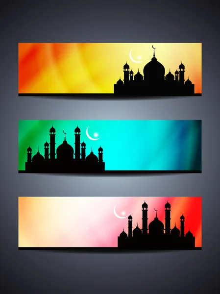 Set of religious header or banner for ramadan and eid with colorful background and mosque.