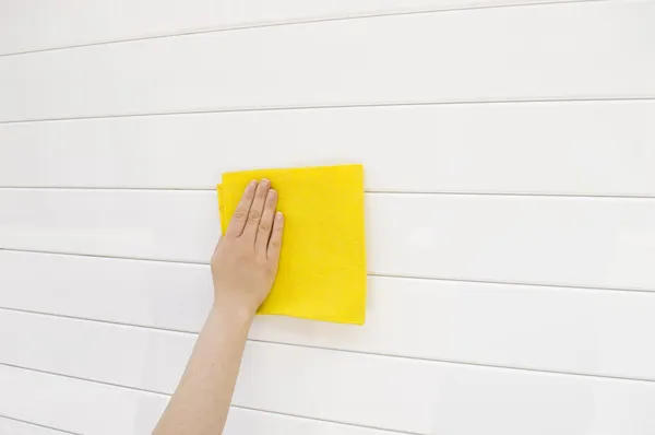 Woman cleaning white metal garage door