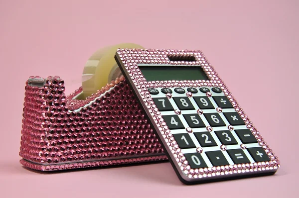 Pink Bling Office Accessories Adhesive Tape Dispenser and Calculator