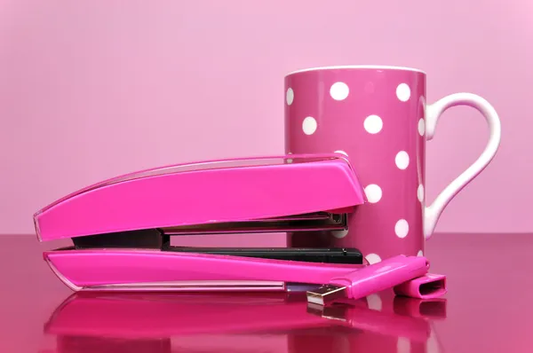 Pink Stapler, Pen Drive and Polka Dot Coffee Mug