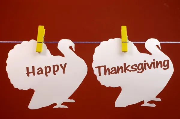 Happy Thanksgiving message greeting written across white turkeys hanging from pegs on a line