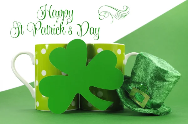 Happy St Patrick\'s Day food and drink table settings with greetings