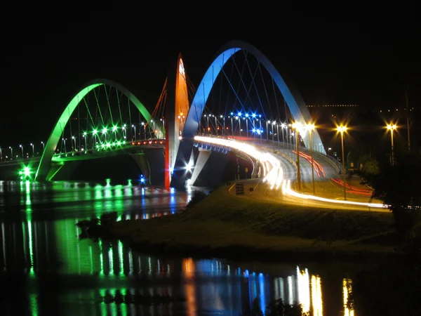 Kubitschek Bridge at night with colored lighting