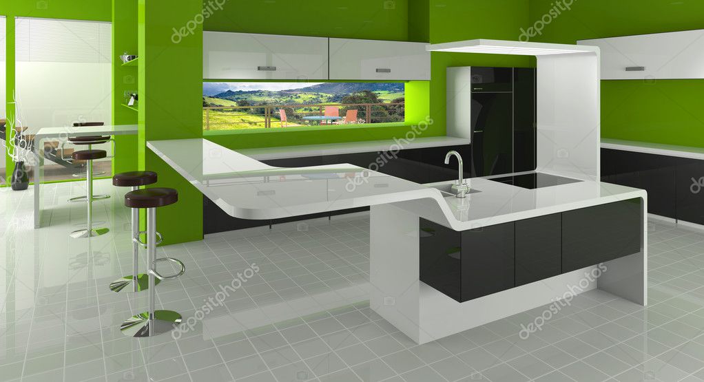 Moderne keuken in groene, zwarte en witte kleuren — stockfoto ...