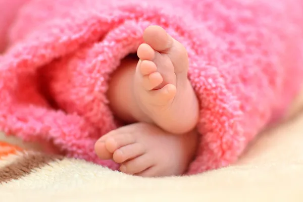 Feet newborn baby wrapped in a bright pink blanket closeup — Stock Photo #15736943