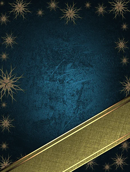 Blue background with a gold ribbon decorated with stars.