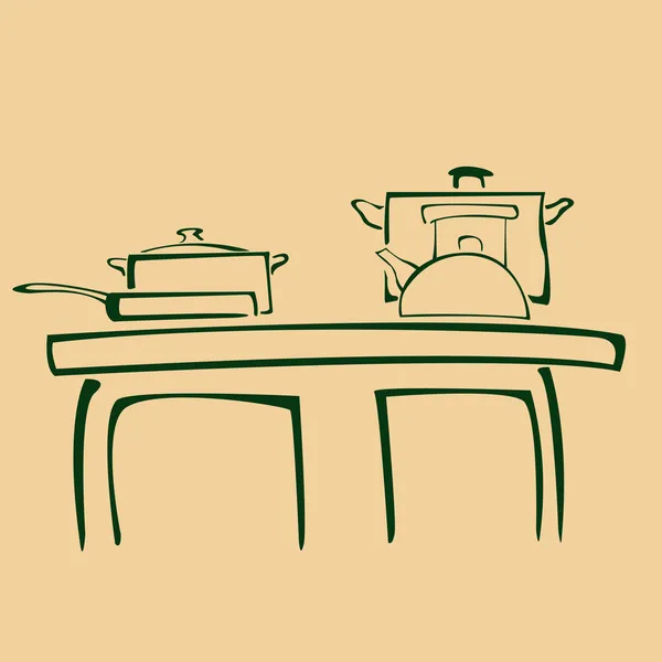 Cartoon illustration of silhouette pans on kitchen
