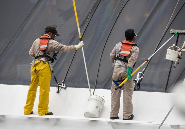 Workers cleaning cruise ship windows