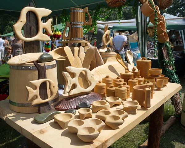 Showcase with wooden utensils.