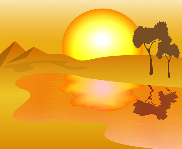 African landscape - the scorching sun, sand and lake, vector illustration