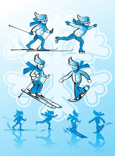 Image of winter sports. Alpine skiing, cross-country skiing, snowboarding, ice skating.