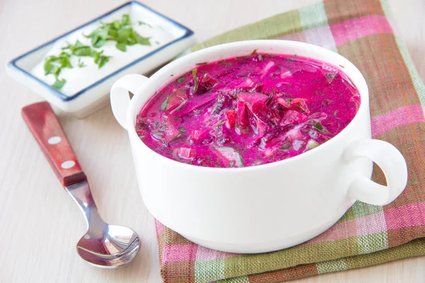 Traditional cold Lithuanian summery soup made of beets, cucumber