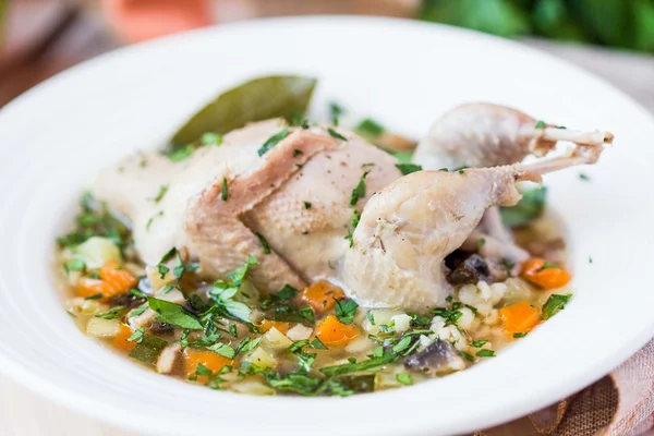 Summer soup with quail, vegetables, pearl barley, herbs, tasty m