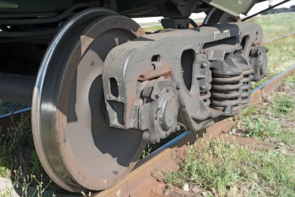 The railway wheels of old soviet cargo wagon.
