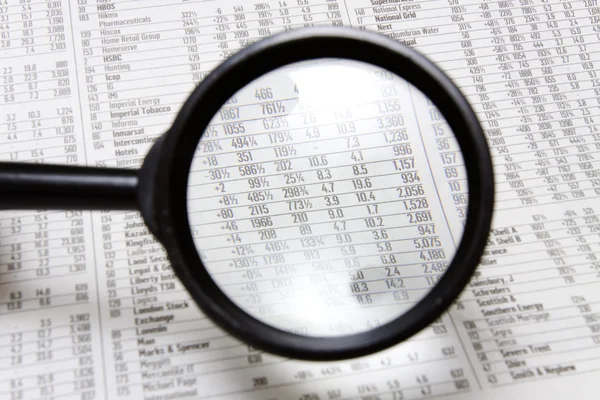 Magnifying glass over stocks and shares