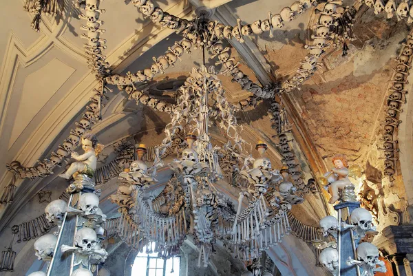 Chandelier made of bones and skulls in Sedlec ossuary
