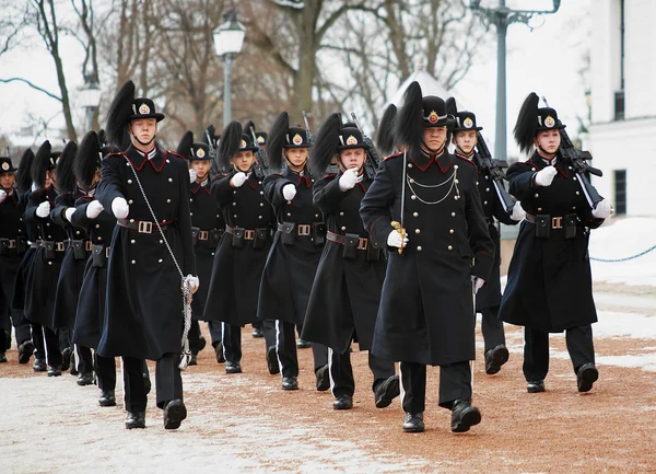 挪威皇家卫队行进在皇宫在奥斯陆附近 - 图库社