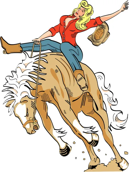 Sexy blond cowgirl in a red shirt, riding a bucking bronco in a rodeo