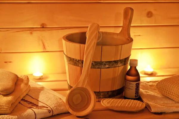 Interior of finnish sauna and sauna accessories