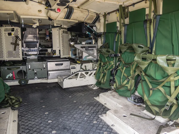 Inside the rear of a Dutch military vehicle