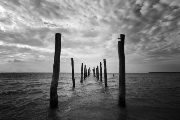 Black and white seascape with wooden pillars as leading lines