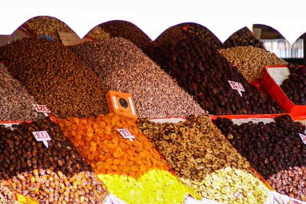Dried fruits and legumes at a market stall in Morocco