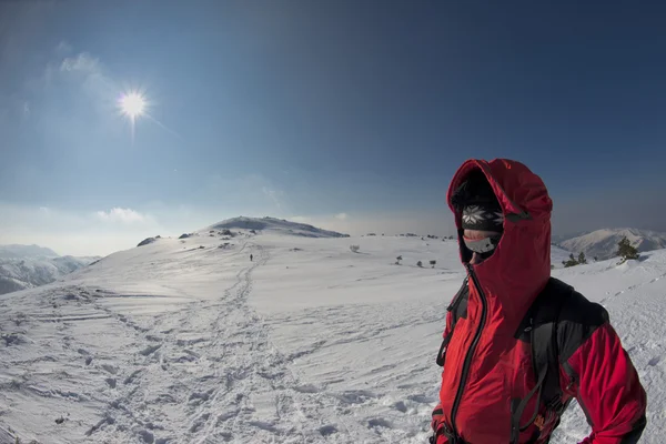 High mountain sunny view with isolated trekker