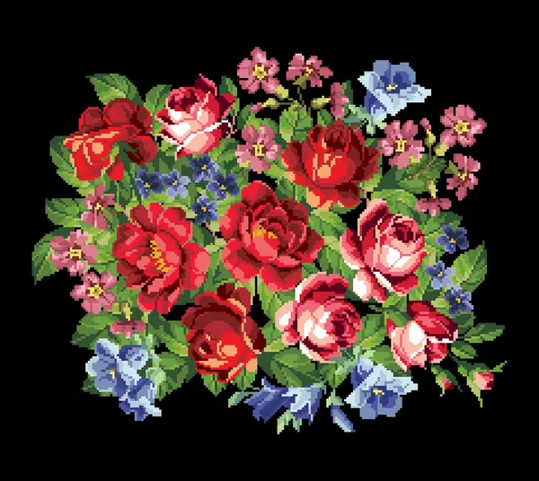 Red roses with bluebells picture embroidery
