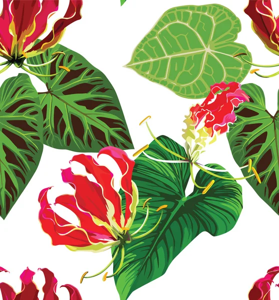 Gloriosa and palm leaves tropical floral pattern