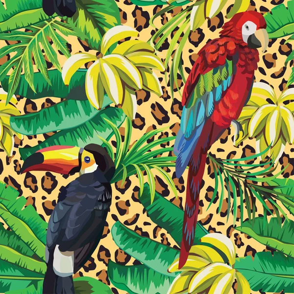 Parrot and toucan with bananas tropical pattern, animals print