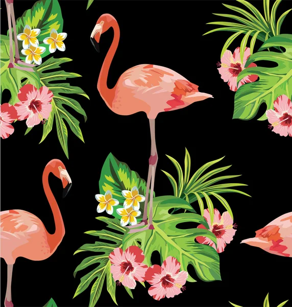 Flamingo, tropical flowers and palm leaves seamless pattern