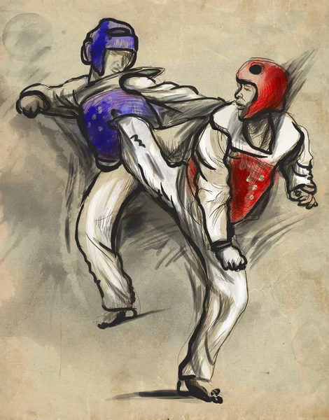 Tae-Kwon Do. An full sized hand drawn illustration on old paper.