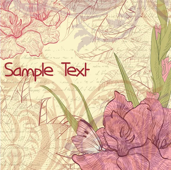 Grungy retro background with gladiolus flowers and butterflies