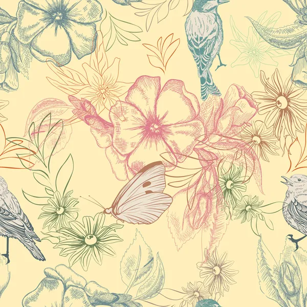 Spring pattern with butterflies and birds on apple flowers,