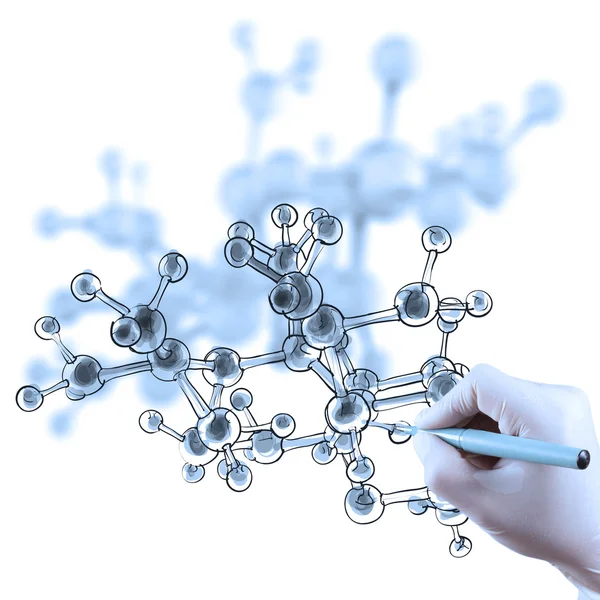 Scientist doctor hand draws virtual molecular structure in the l