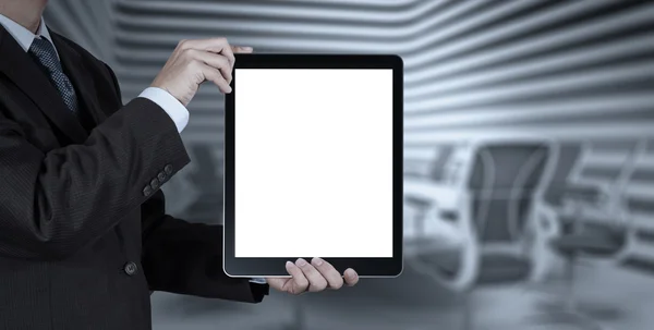 Businessman success working with blank tablet computer his board