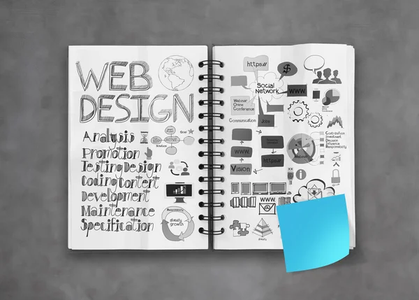 Book of hand drawn web design diagram background as concept