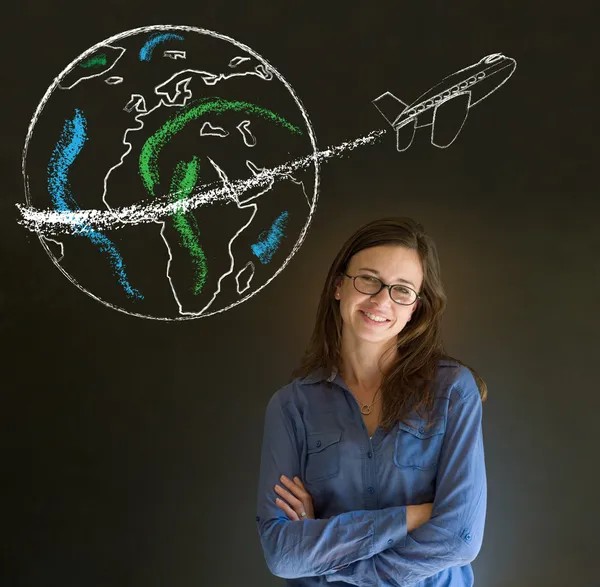 Woman with chalk globe and jet world travel