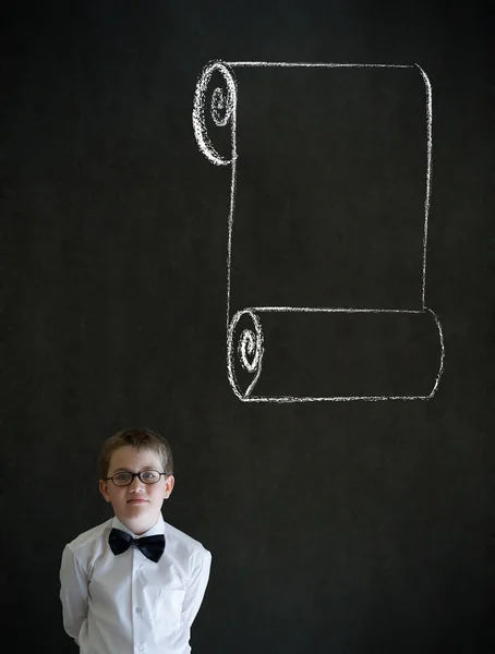 Thinking boy dressed as business man with chalk menu list