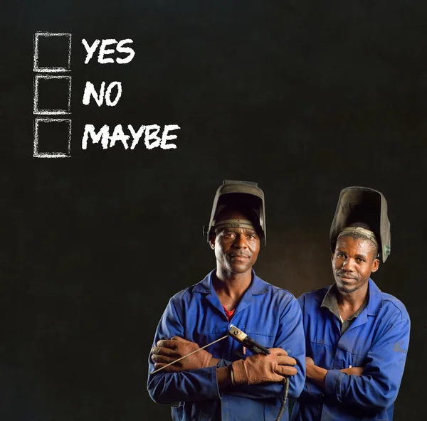 African black man industrial worker with checklist on blackboard
