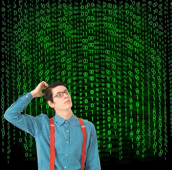 Scratching head Nerd with binary on background